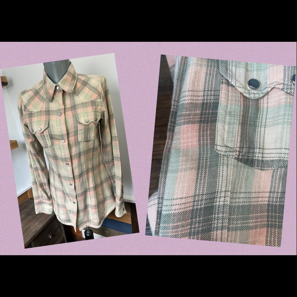 New Tasha Polizzi Western Pearl Snap button front warm flannel Shirt pink/gr… - Picture 5 of 16